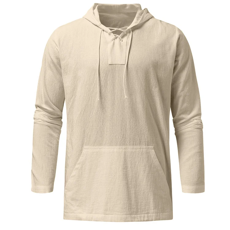 BrosWear Casual Lace-Up Pocket Solid Hooded Long Sleeve Shirt