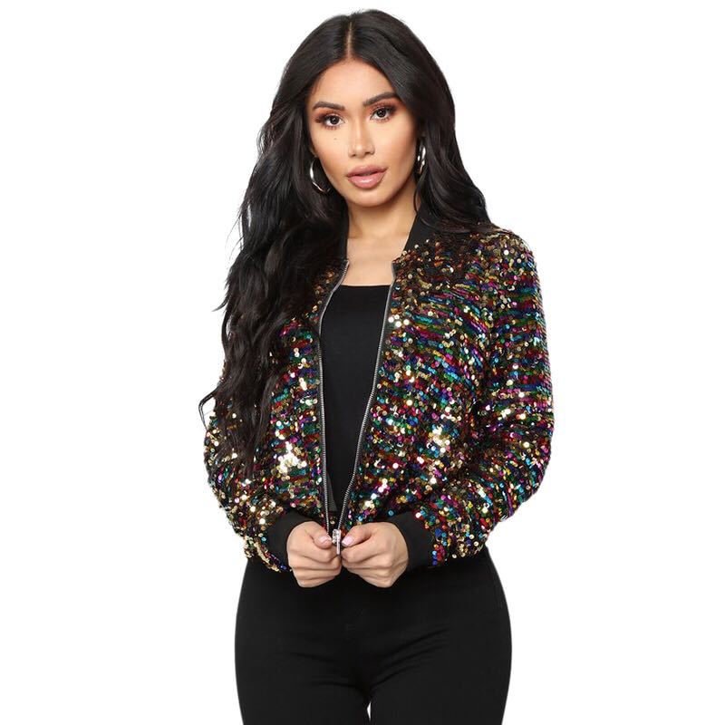 Fashion Colorblock Sequined Short Casual Women's Jacket Coats