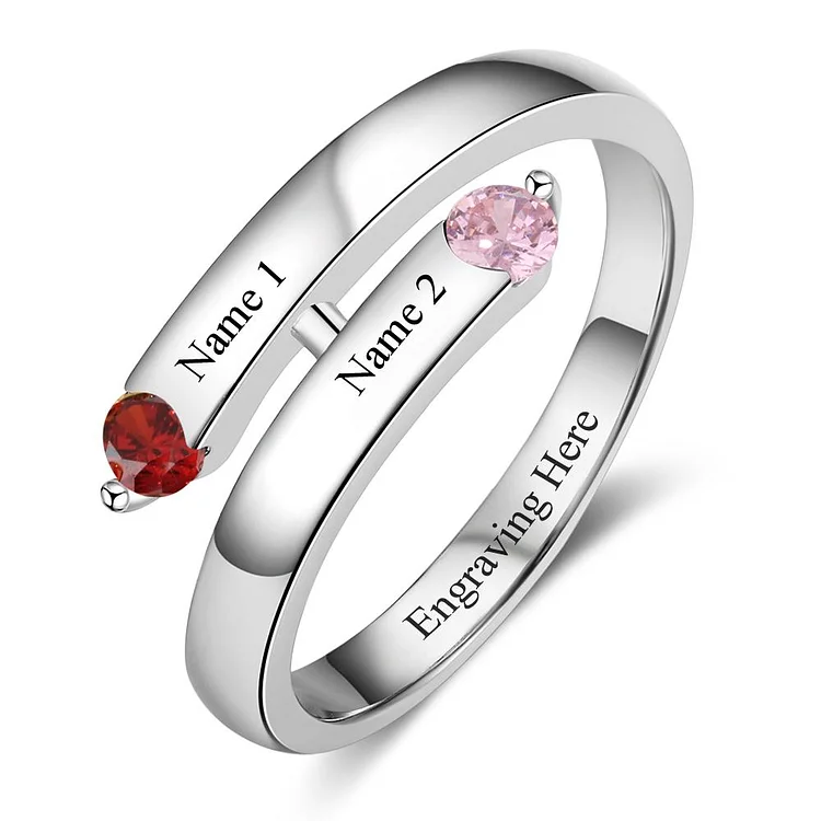 Personalized Promise Ring with 2 Round Birthstones Engraved 2 Name Mother's Ring Sterling Silver