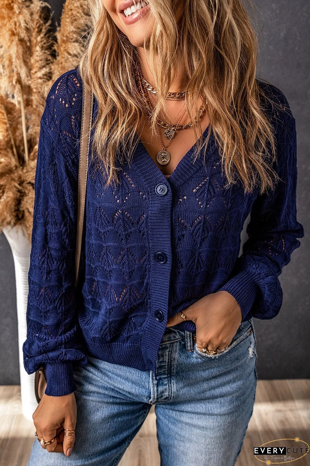 Blue Crochet Hollow-Out Cardigan with Buttoned Front