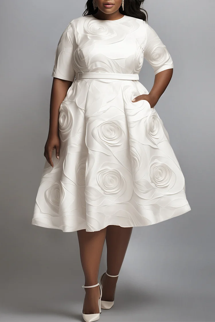 Xpluswear Design Plus Size Wedding Guest White Round Neck Short Sleeve Pocket Midi Dresses [Pre-Order]