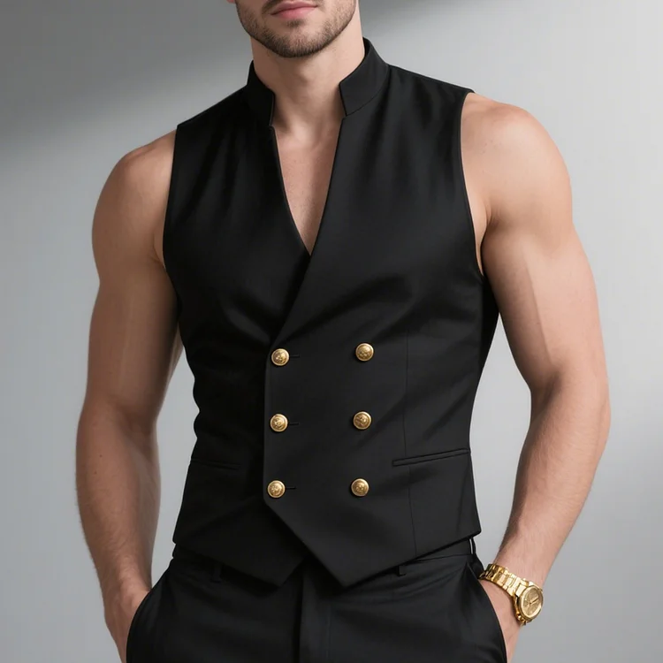 Okaywear Stand Collar Double Breasted Sleeveless Business Vest 