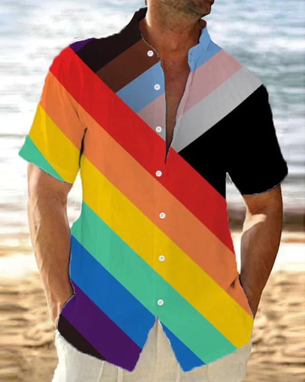 Men's Casual Rainbow Pride Print Short Sleeve Stand Collar Shirt