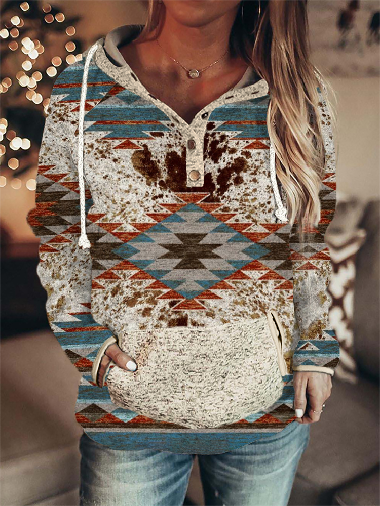 Western Geometric Cowhide Fur Print Hooded Top wearshes