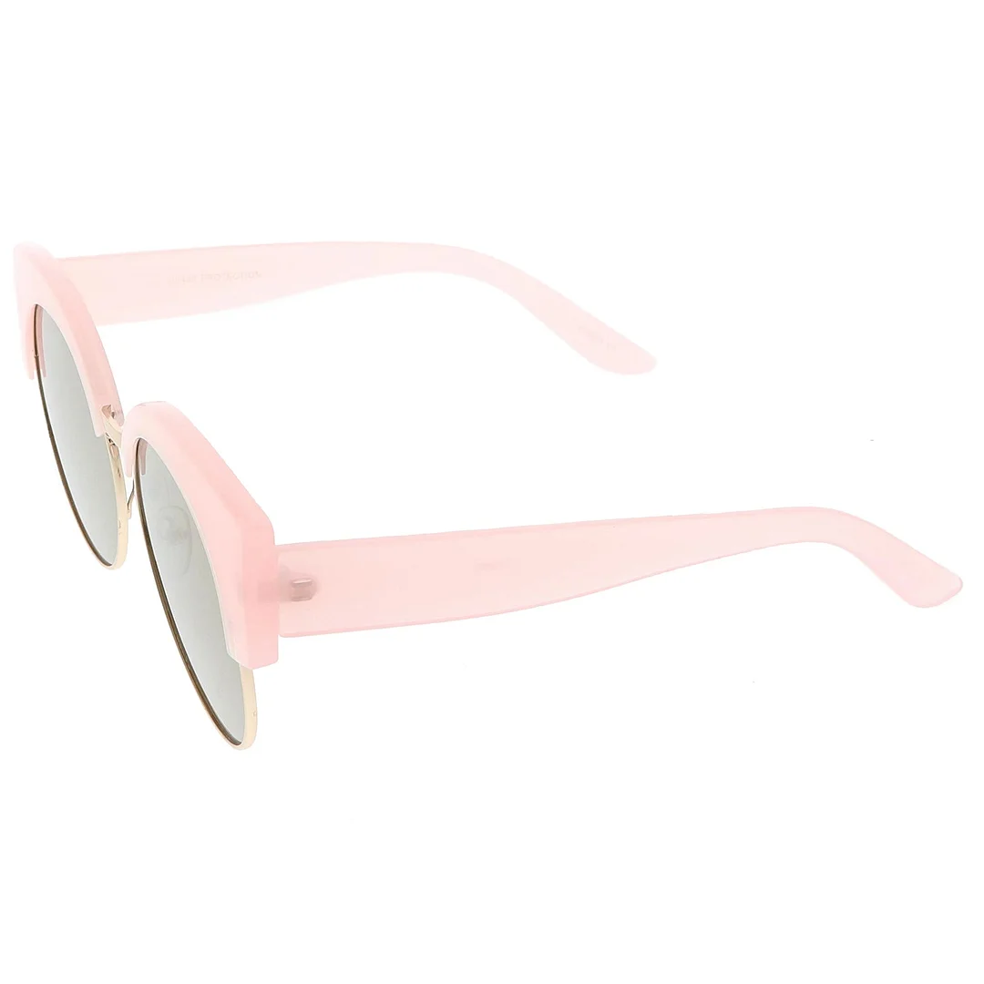 Women's Half Frame Oversize Cat Eye glasses Round Mirrored Flat Lens 59mm