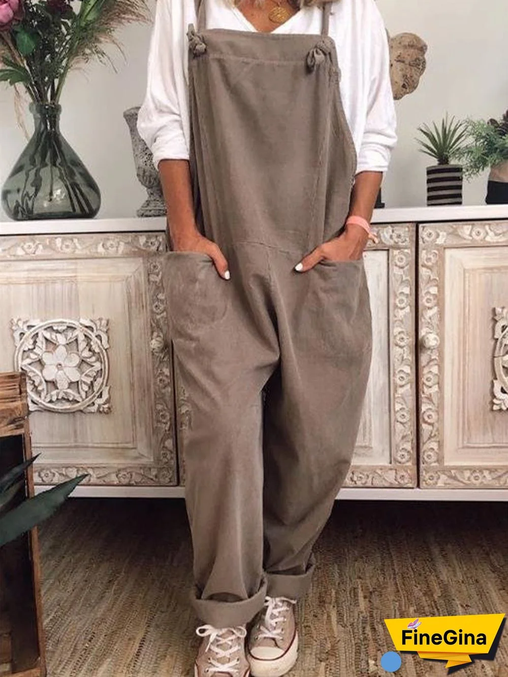 Women's Casual Retro Pocket Sleeveless Cotton Linen U-neck Cargo Jumpsuit