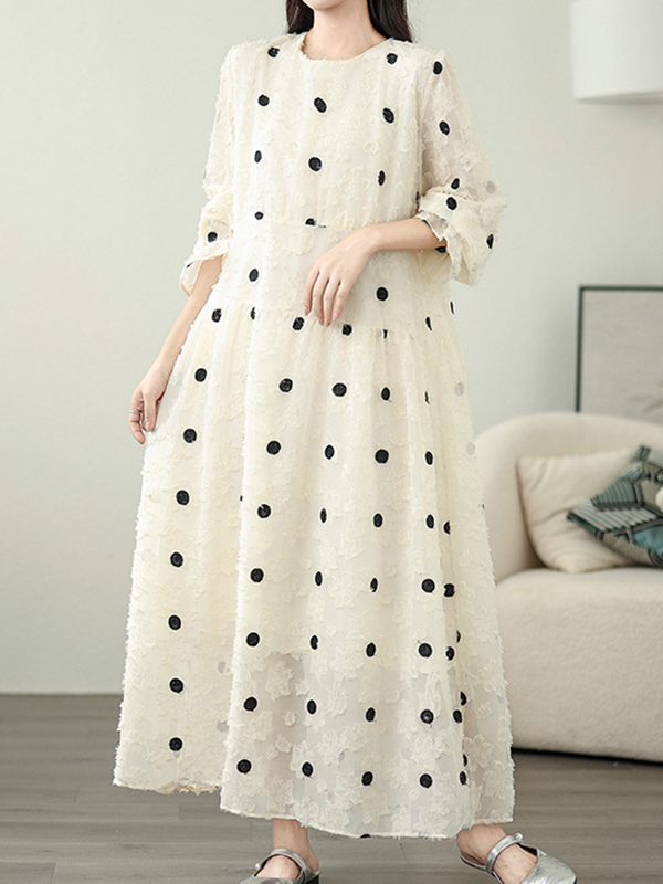 Loose Round Neck Dotted Hook Flower Bubble Sleeve Midi Dress