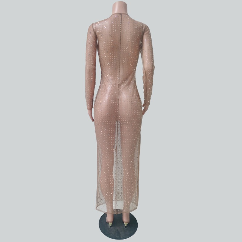 Ootddress Glitter Female Cover up Maxi Dress Mesh See-Through Split Fashion Long Sleeve Slim Sexy Beach Cover up Dress For Women New