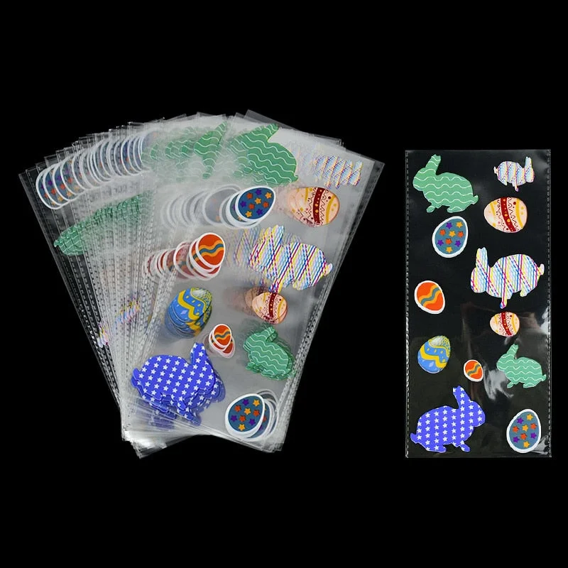 50pcs Easter Decoration Gift Bag Bunny Eggs Chicken Print Cellophane Bags Baking Candy Packaging Bags Happy Easter Party Favors
