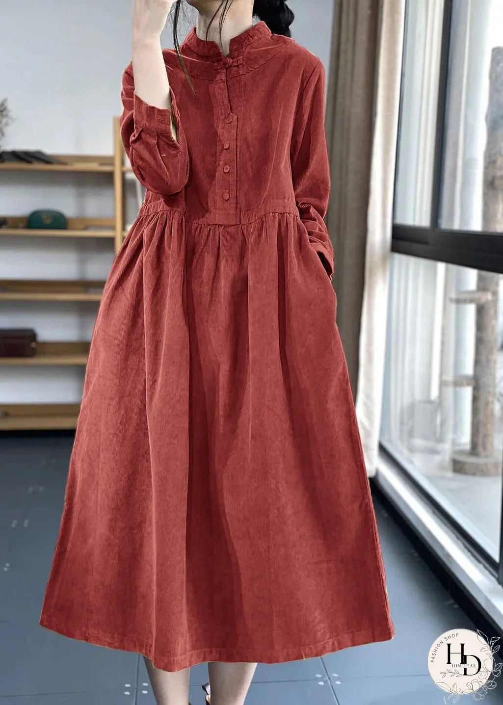 Red Button Pockets Corduroy Dresses Winter