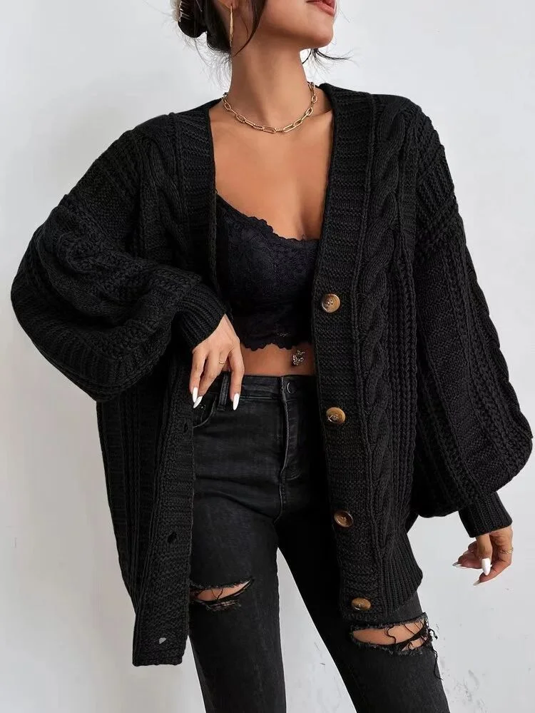Athvotar Athvotar V-Neck Solid-Colored Open-Shirt Autumn And Winter Lazy Lantern Sleeve Loose Single-Caught Sweater Coat Woman