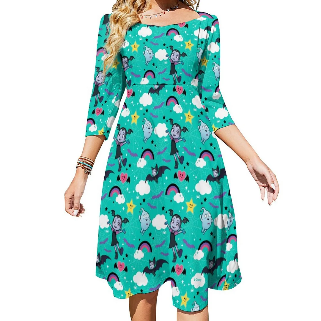 Vampirina Demi Friends Are Magical Pattern Dress Sweetheart Tie Back Flared 3/4 Sleeve Midi Dresses