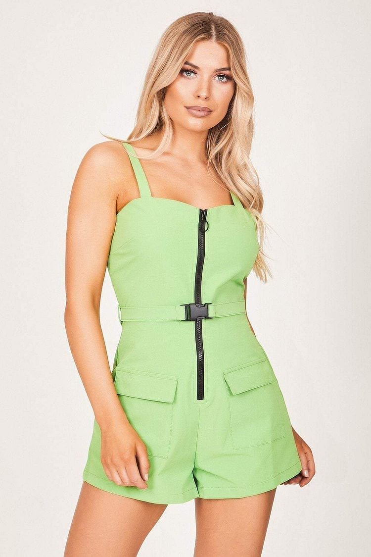 Green Belted Zip Front Playsuit Katch Me