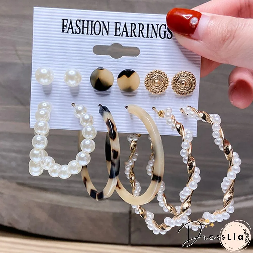 17KM Fashion Pearl Hoop Earrings Set For Women Geometirc Gold Metal Circle Hoop Earrings Brincos Trend Jewelry Gift