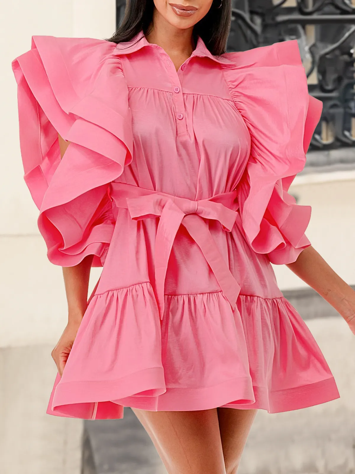 Plus Size Ladies' Fashion Turndown Collar Flying Sleeve A-Line Dress