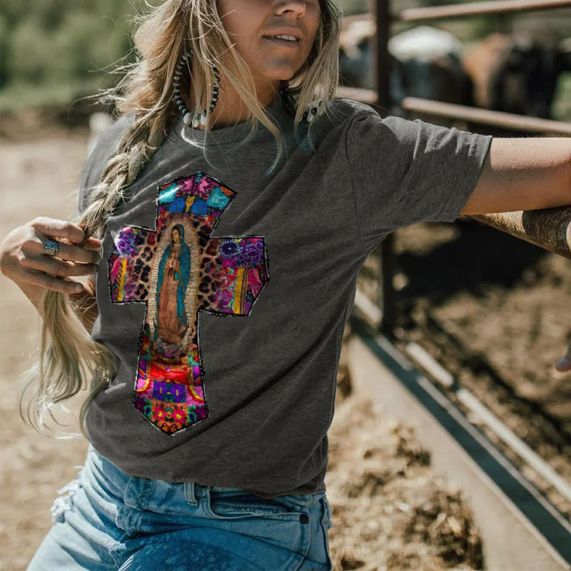 Virgin Mary Cross Printed Casual Women's T-shirt