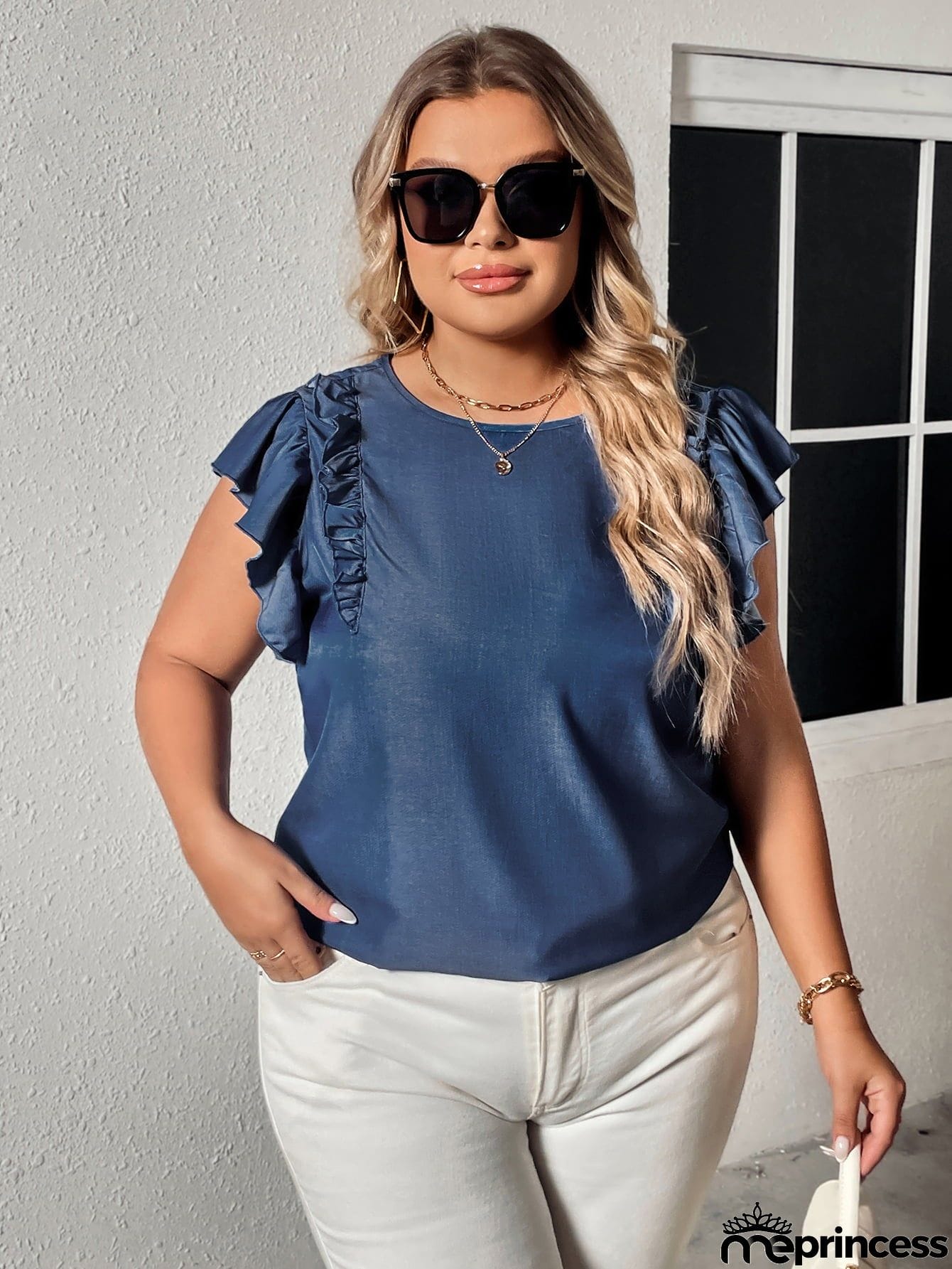 Plus Size Round Neck Flounce Sleeve Frill Trim Blouse