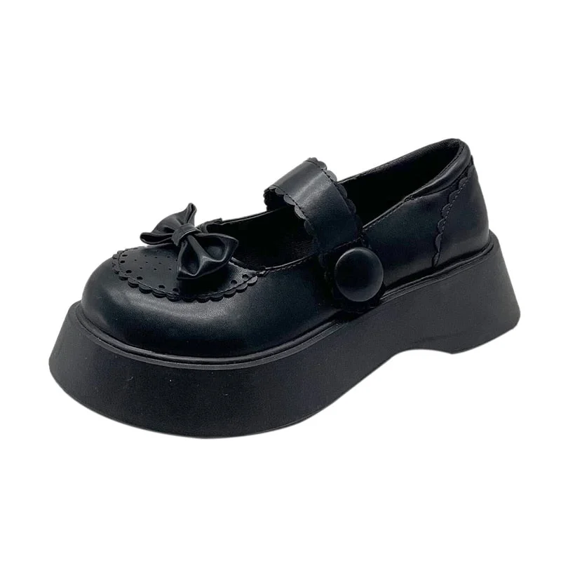 Japanese Style Bowknot Lolita Shoes Woman Patent Leather Chunky Mary Jane Women Pumps Thick Bottom Black Platform Shoes