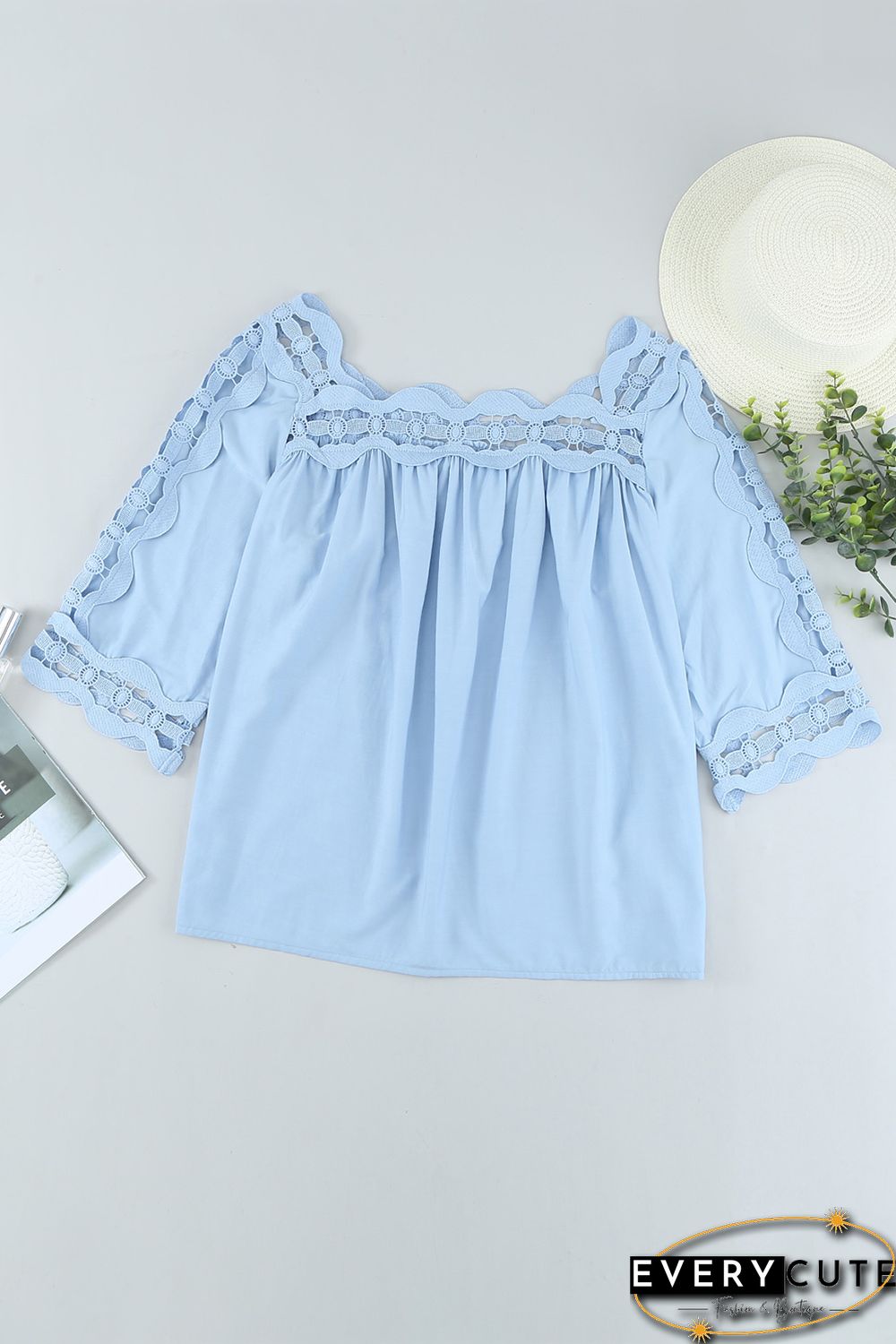 Sky Blue Crochet Trim Hollow-out Blouse