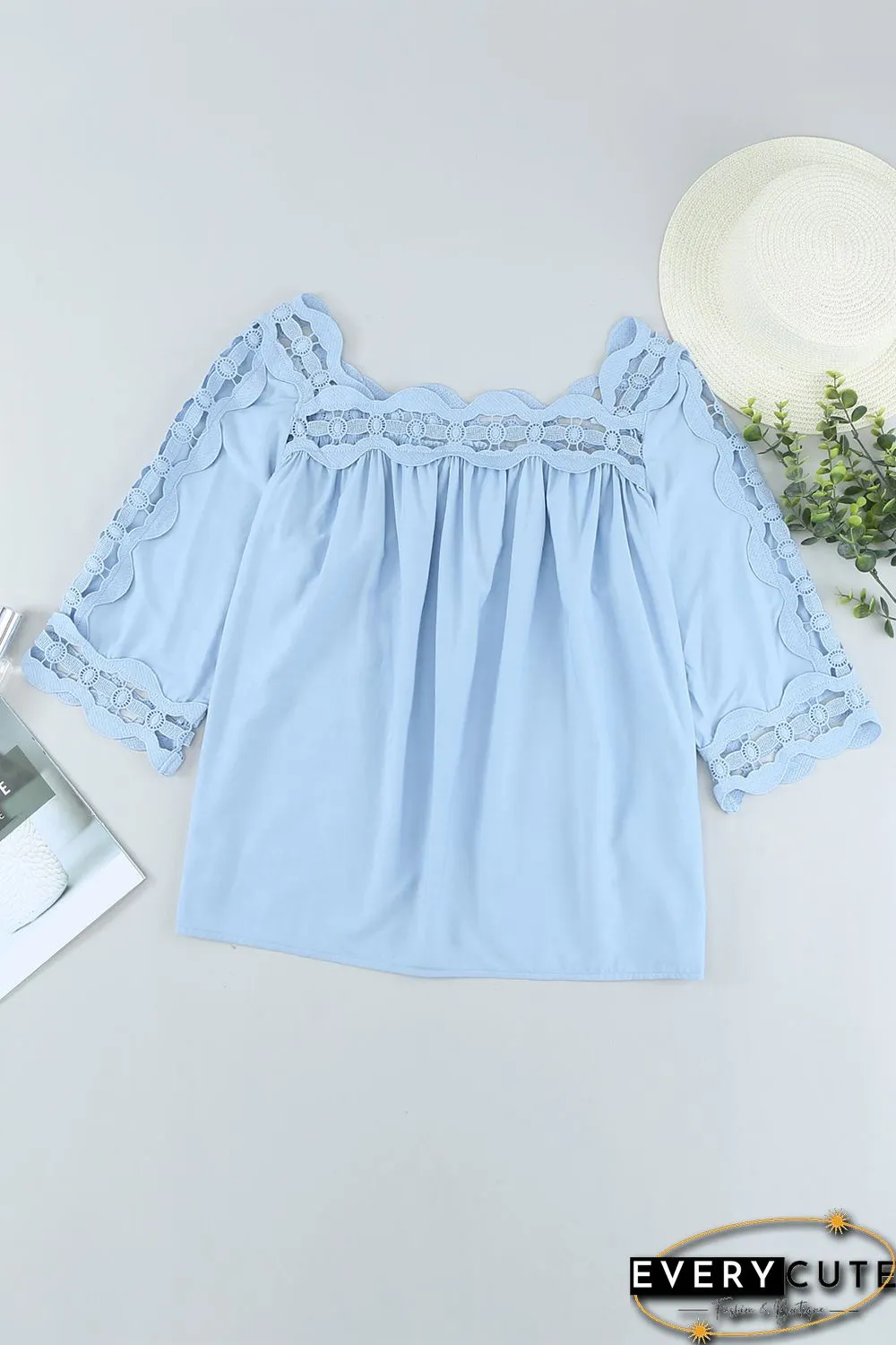 Sky Blue Crochet Trim Hollow-out Blouse