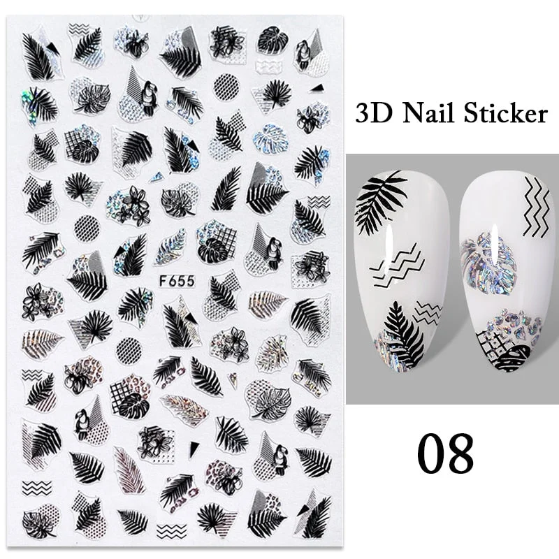 1PC Black White Leaves Flower 3D Nail Stickers Tropical Plants Mandala Leaf Geometry Transfer Decals Nail Art Decorations-Nail Inspo