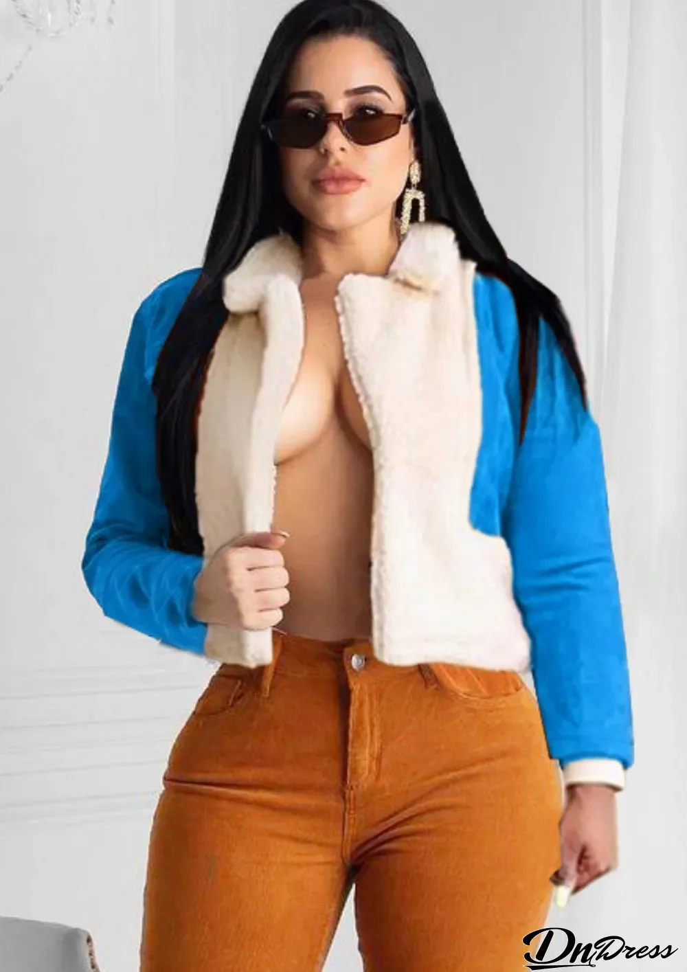 Winter Casual Blue Contrast Sherpa Long Sleeve Jacket
