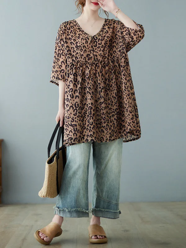 Leopard Half Sleeves Loose V-neck T-Shirts Tops Blouses&shirts Tops