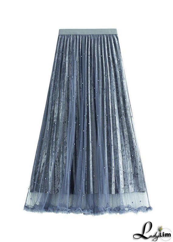 Elegant Grey Blue Elastic Waist Silk Velour Skirts Spring
