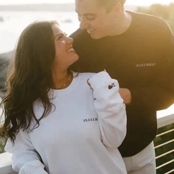 valentines day gift Custom Embroidered Roman Numeral Date Couple's Crewneck/Hoodie