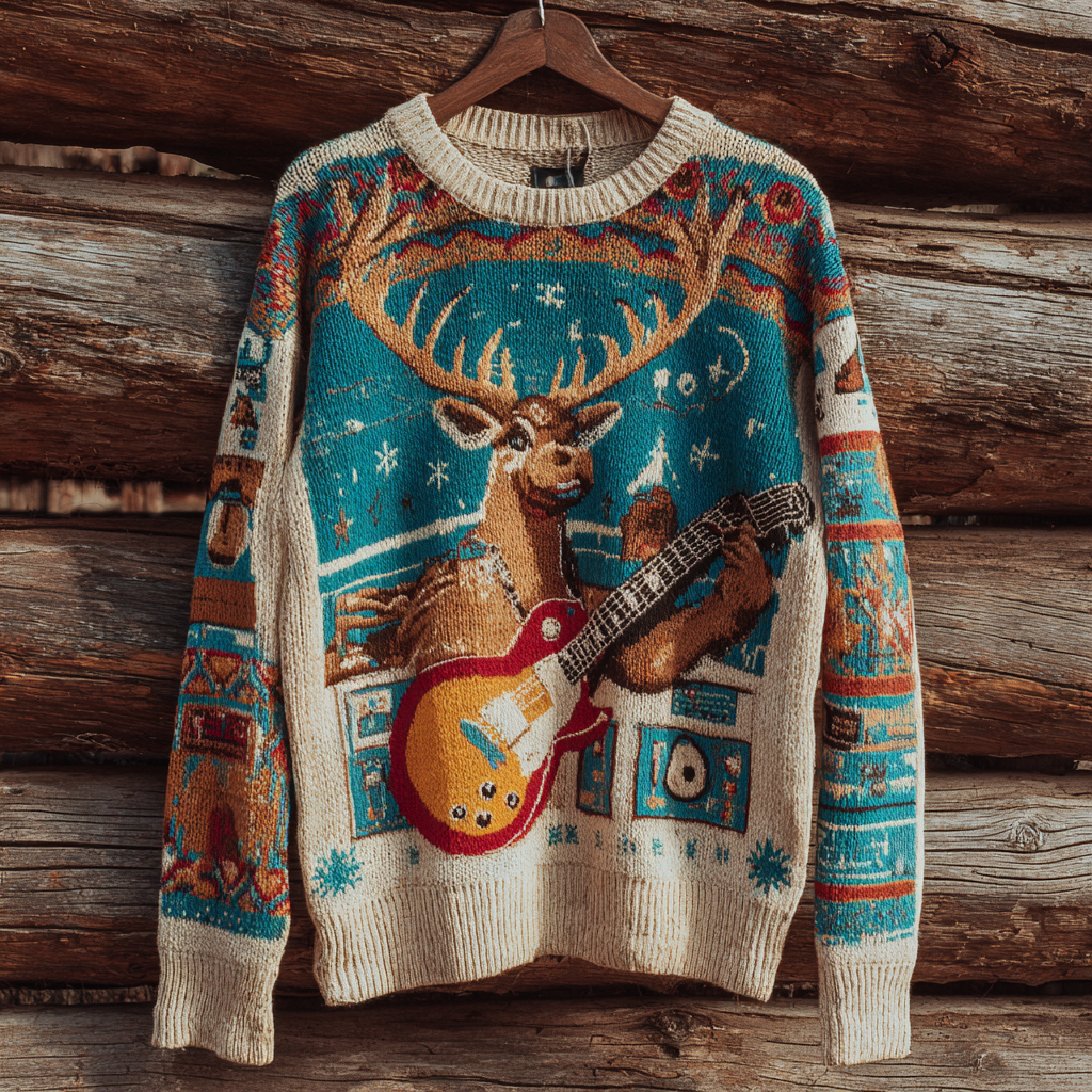 Retro Japanese Art Style Rock Deer Pattern Men's Round Neck Knit Sweater elevenforest