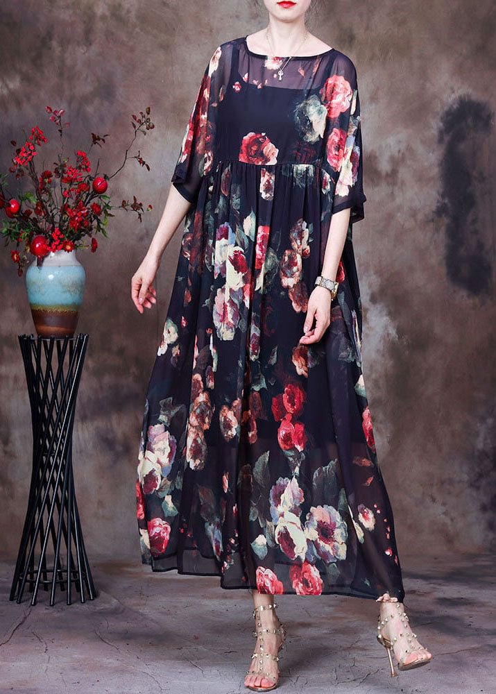 Bohemian Black Wrinkled Print Chiffon Long Dress And Dress Spaghetti Strap Two Piece Suit Set Summer