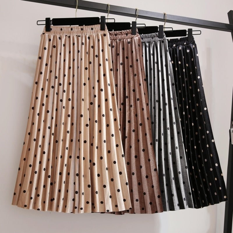 Pleated Skirts Women Spring Autumn Saia Midi High Waist Faldas Mujer Moda Plus Size Jupe Femme Vintage Velvet Dots Ladies Skirt
