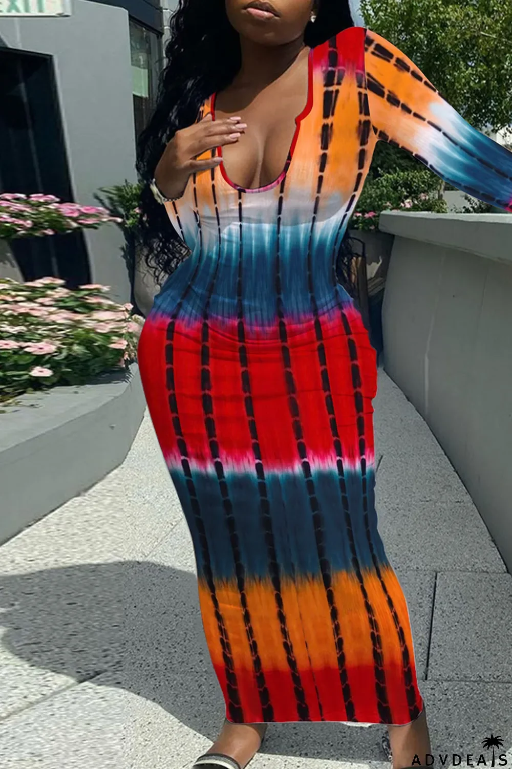 Yellow Casual Print Patchwork U Neck One Step Skirt Dresses