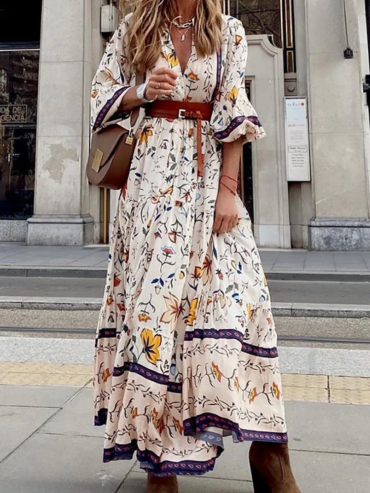 Women Bohemian Print V Neck Streetwear Dress Casual Summer Loose Long Sleeve Dress Vintage Female Slim Maxi Party Dress Vestidos