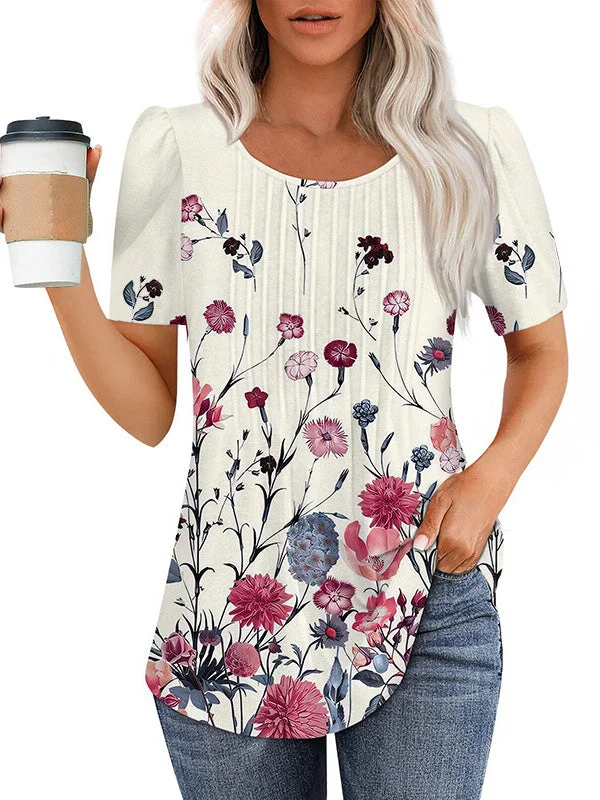 Women's Short Sleeve Scoop Neck Floral Printed Graphic Tops