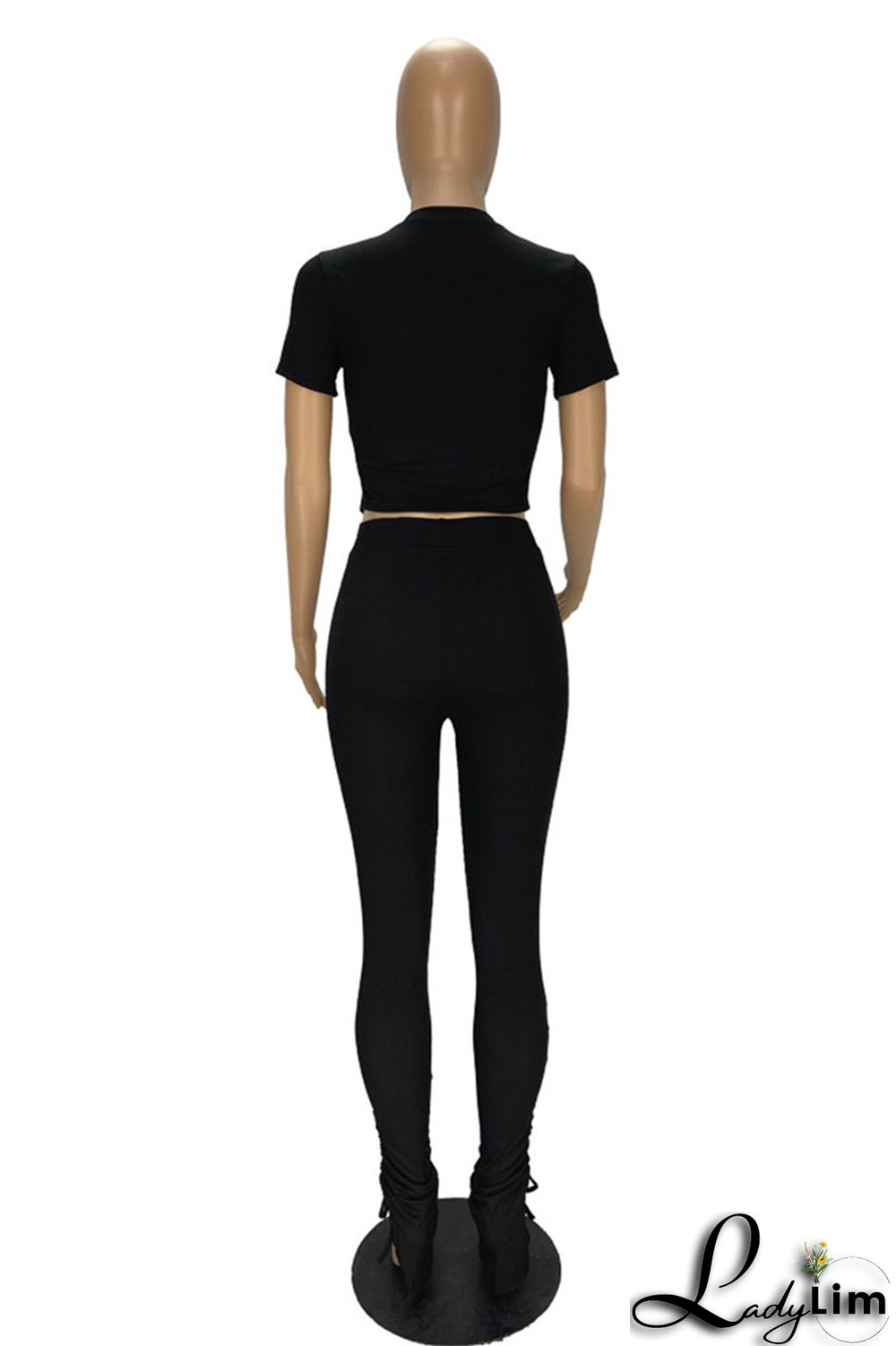 Khaki Fashion Casual Solid Draw String Frenulum O Neck Short Sleeve Two Pieces