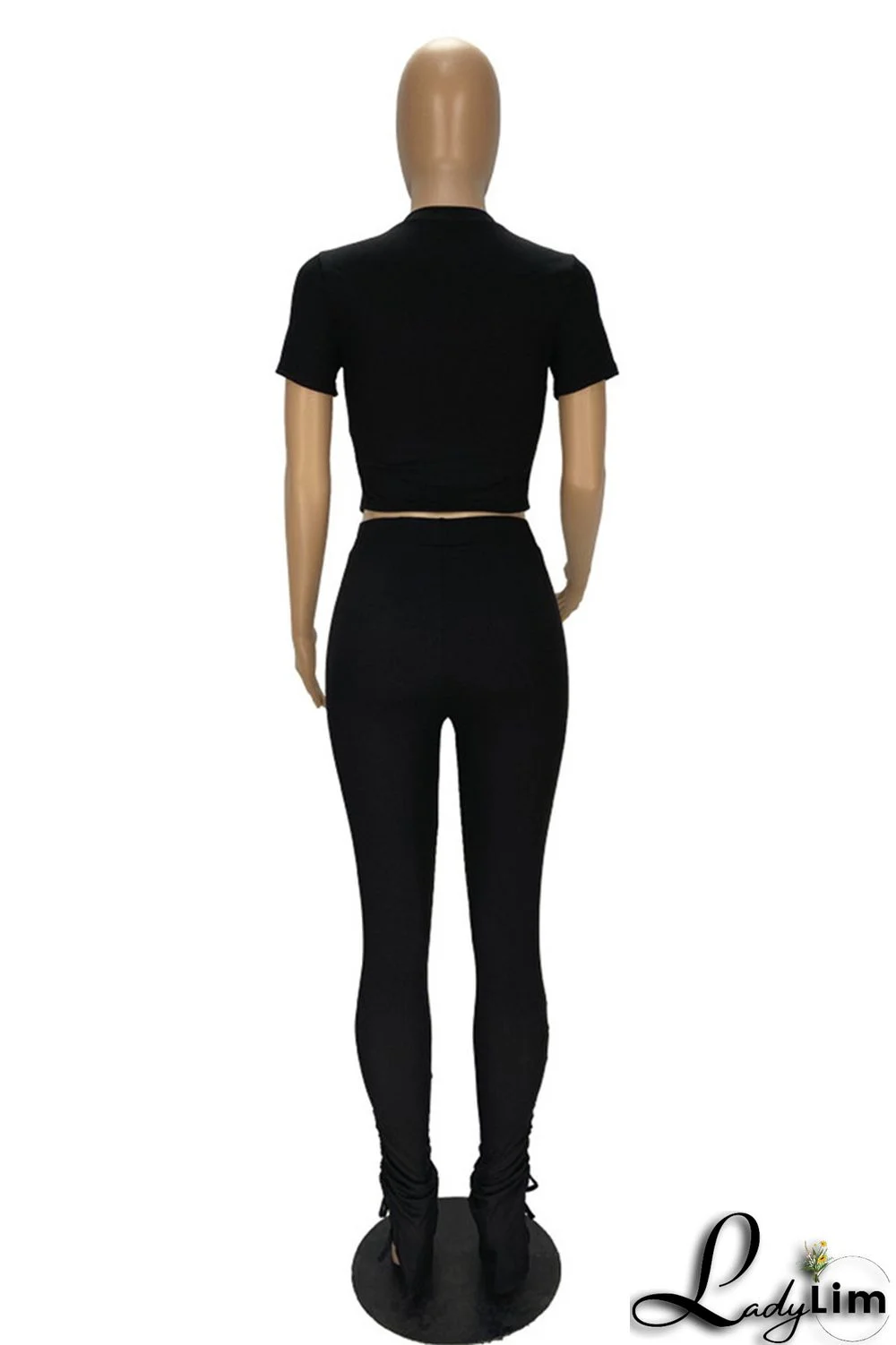 Khaki Fashion Casual Solid Draw String Frenulum O Neck Short Sleeve Two Pieces