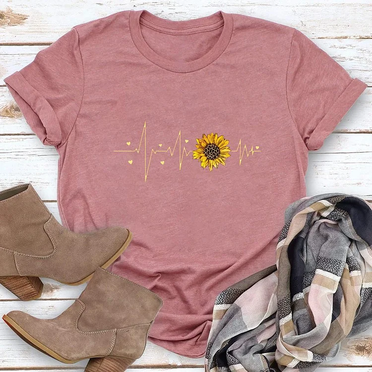 Heartbeat Sunflower Round Neck T-shirt