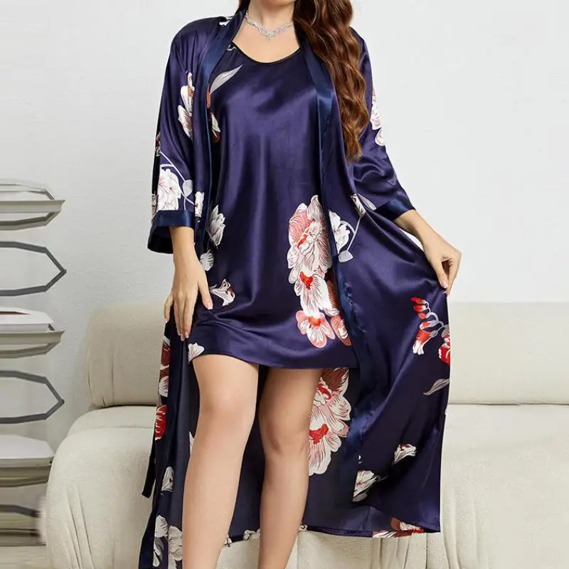 Happytosex XL-5XL Large Size Bathrobe Gown Suit Summer Women Sleepwear Nighty&robe Set Nightwear Nightgown Satin Home Dress Lounge Wear