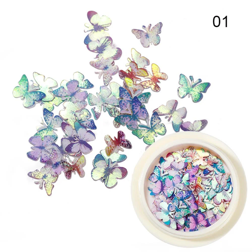 50Pcs/Box 3D Butterfly Pattern Colorful Laser Nail Flakes Sequin Mirror Shiny Paillette Flower Nail Art Decoration DIY Manicure