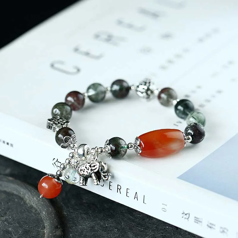 Green Phantom Red Agate Elephant Strength Healing Charm Bracelet