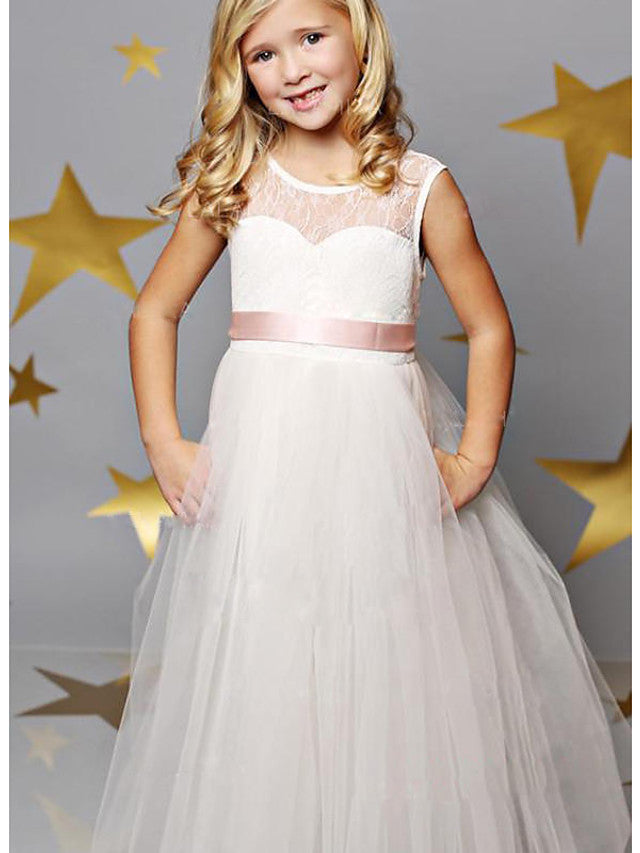Oknass Sleeveless Illusion Neck A-Line Floor Length Flower Girl Dress Lace Satin Tulle With Solid