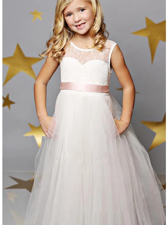 Daisda Sleeveless Illusion Neck A-Line Floor Length Flower Girl Dress Lace Satin Tulle With Solid