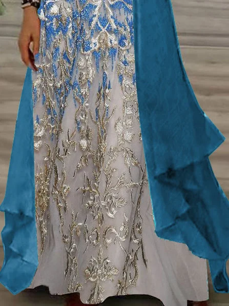 Women's Long Sleeve V-neck Gradient Graphic Printed Two Pieces Maxi Dress