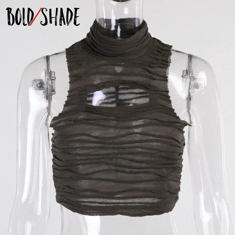 Bold Shade 90s Vintge Street Fashion Tanks Ruched Solid Urban Style Women Y2K Indie Clothes Aesthetic Hollow Out Crop Tops Slim