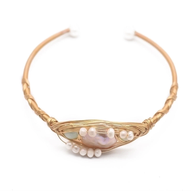 Retro Flower Copper Plating Inlay 18K Gold Plated Pearl Bangle