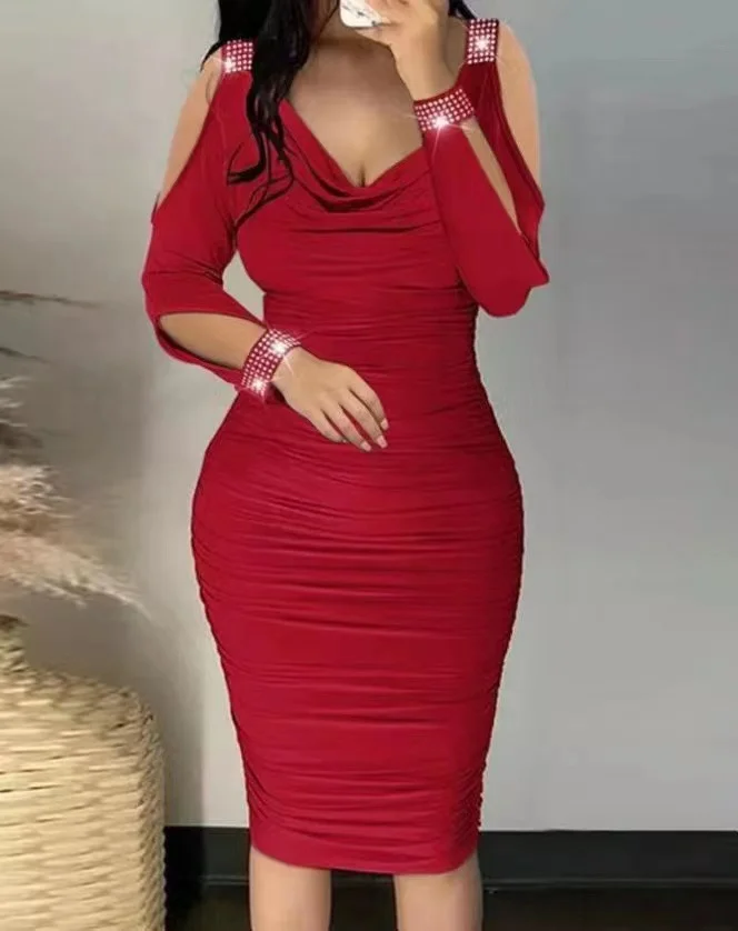 Mongw Mongw Women's Hot Diamond V-Neck Pleated Tight Skirt Wrapped Hip Dress