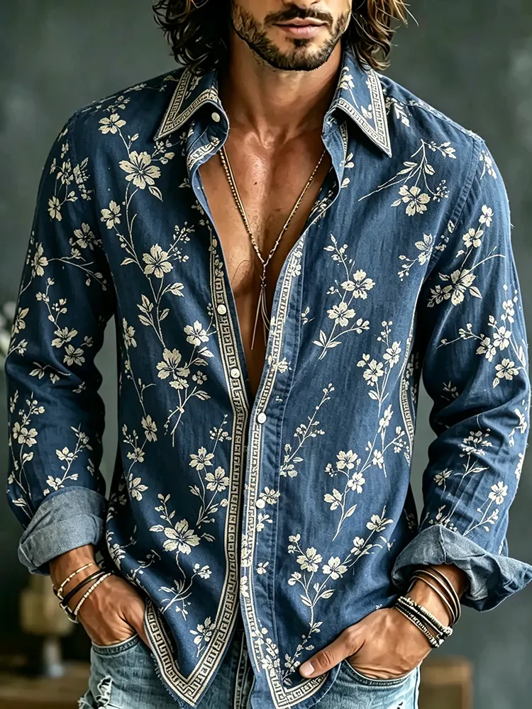 Men's Vintage Cherry Blossom Art Print Linen Blend Casual Shirt  artssus