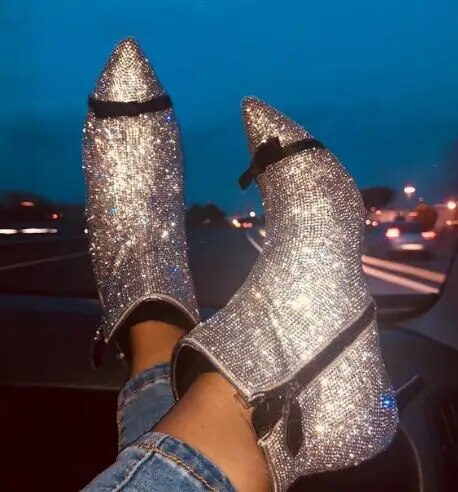 VCSHOES Bling Sliver Glitter Sequined Cloth Patchwork Butterfly Knot Ankle Boots Woman Zipper Side Thin High Heels Party Shoes