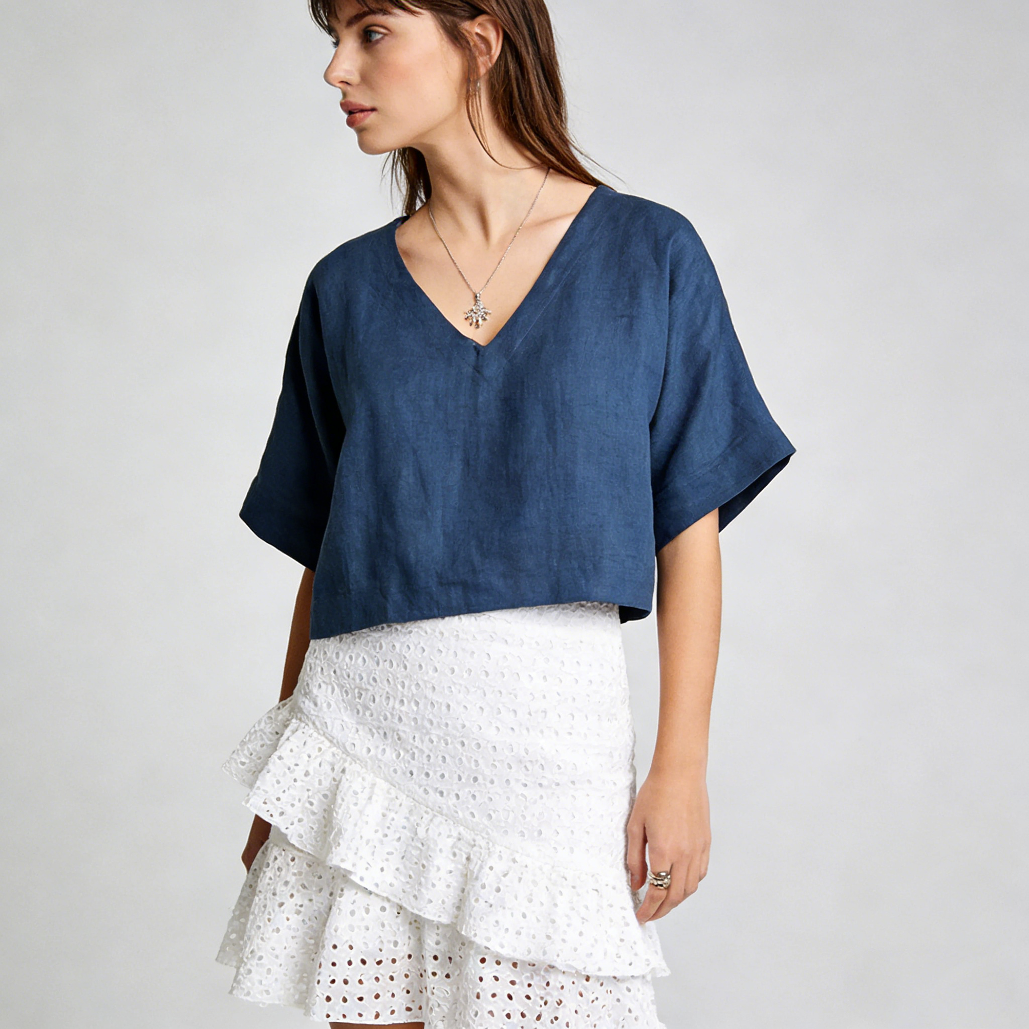 Linen Blouse Women 100% Linen V Neck Wide Sleeve Cropped Summer Top Breathable Oversized REAL SILK LIFE